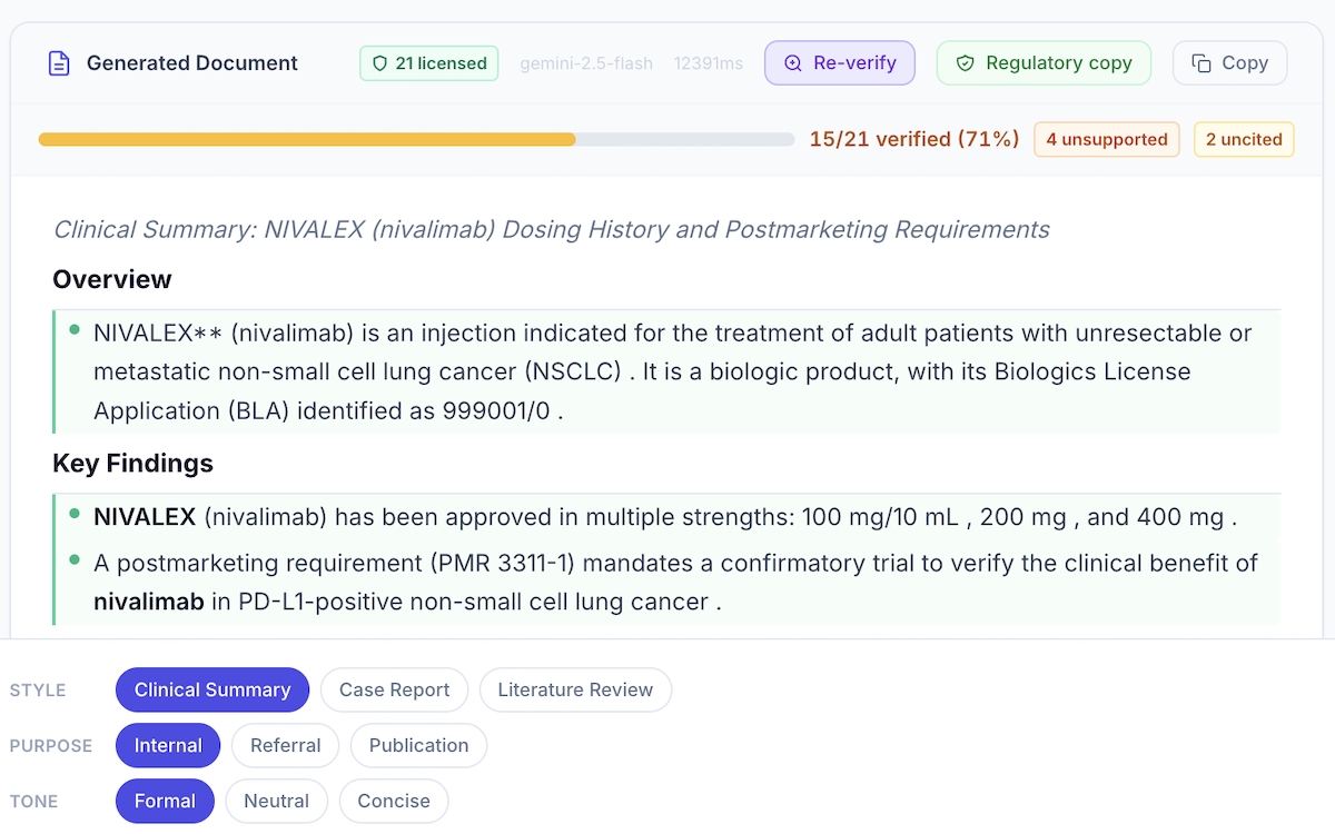 A draft clinical summary with claim verification status, unsupported and uncited counts, and licensed source indicators.